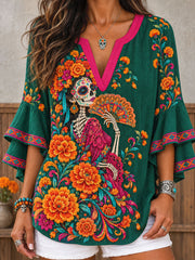 Women's Mexico Day of The Dead Floral Art Printed Tops