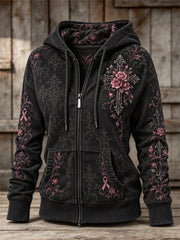Women's Vintage Pink Ribbon Gothic Cross Roses Floral Art Print Full Zip Hoodie