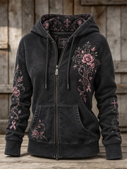 Women's Vintage Pink Ribbon Gothic Cross Roses Floral Art Print Full Zip Hoodie