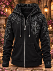 Women's Retro Christian Floral Cross Art Print Casual Zip-Up Hoodie