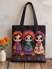 Mexico Day of The Dead Floral Art Printed Canvas Bag
