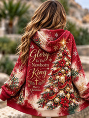 Women's Glory To The Newborn King Merry Christmas Print Zip-Up Hoodie