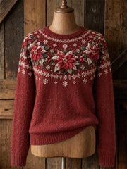 Women's Vintage Christmas Poinsettia Flowers & Snowflakes Yoke Isle Print crew neck sweater